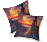 Funda Cojines 2 Piezas 45x45cm Juego Fundas Cojín Suave Lino Cremallera Oculta, Almohada Decorativa Exterior Moderna para Sofá, Cama, Sala Estar, Dormitorio, Hogar, Oficina, Sunset Woman, E-765
