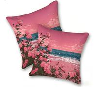 Funda Cojines 2 Piezas 45x45cm Juego Fundas Cojín Suave Terciopelo Cremallera Oculta, Almohada Decorativa Exterior Sofá, Cama, Sala Estar, Dormitorio, Hogar, Oficina, Playa De Flores Rosas, E-199