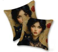 Funda Cojines 2 Piezas 50x50cm Juego Fundas Cojín Suave Lino Cremallera Oculta, Almohada Decorativa Exterior Moderna para Sofá, Cama, Sala Estar, Dormitorio, Hogar, Oficina, Black Cat Girl, E-276