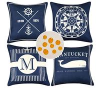 Funda Cojines Exterior Fundas de Almohadas Impermeables de Lino Náutico Azul Marino Ancla Timón Brújula Delfín Fundas para Cojines para Sofas Salón Silla Oficina Dormitorio Habitacion 4 Piezas 45x45cm