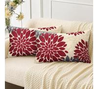 Funda Cojines para Sofá Funda de Almohada de Lino Decoración Funda de Almohada Rojo y Gris Flores de Dalia Fundas Cojines Moderna para Sofá Silla Cama Sala de Estar Dormitorio 30x50 cm 2 Piezas
