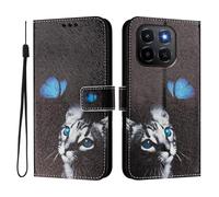 Funda compatible con Honor X6C de piel sintética con tapa y diseño creativo 3D, funda protectora tipo cartera con función atril para Honor X6C, mariposa y gato