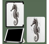 Funda Compatible con iPad 9ª/ 8ª/ 7ª Generación 2021/2020/2019,Plegable Protectora TPU Cubierta con Portalápiz para iPad 10.2",Auto-Sueño/Estela Caballito Mar Dibujado A Mano Sencillo Animal - Blanco