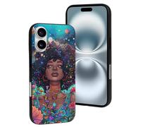 Funda compatible con iPhone 16, diseño de mujer Cosmic Garden, resistente a los arañazos, bonita funda compatible con iPhone 16, fundas para mujeres y hombres, color negro