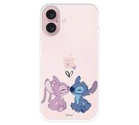 Funda Compatible con iPhone 16 Oficial de Disney Angel & Stitch Beso para Proteger tu móvil. Carcasa de Silicona Transparente Flexible con Licencia Oficial de Lilo & Stitch