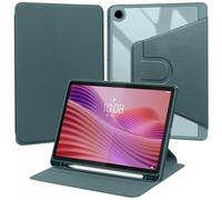 Funda compatible con Lenovo Tab 10.1 pulgadas 2025 TB311FU/TB311XU, piel sintética giratoria 360° con marco de TPU resistente a los golpes, soporte giratorio y soporte para bolígrafo, verde oscuro