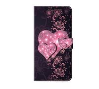 Funda compatible con OPPO A17, funda de piel pintada con soporte, correa de muñeca y ranuras para tarjetas, funda protectora para OPPO A17, corazón de encaje melocotón