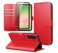 Funda Compatible con Samsung Galaxy A56 5G, Carcasa con 1 Pieza Cristal Templado Protector de Pantalla y Marco de Instalación Fácil, Cuero PU y Flip Case, Función de Soporte Caso - Rojo