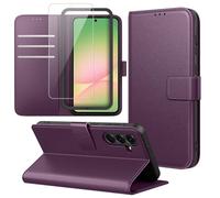 Funda Compatible con Samsung Galaxy A56 5G, Carcasa con 1 Pieza Cristal Templado Protector de Pantalla y Marco de Instalación Fácil, Cuero PU y Flip Case, Función de Soporte Caso - Morado