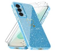 Funda Compatible con Samsung Galaxy S25 5G, con 3 Piezas Vidrio Templado Protector de Pantalla, Anti-caída y Antihuellas Carcasa, Suave y Purpurina Caso - Azul