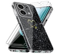Funda Compatible con Xiaomi Redmi 15C 4G/ 5G / Poco C85 EU Versión(No para Global Versión), con 3 Piezas Vidrio Templado Protector de Pantalla, Anti-caída Antihuellas Carcasa, Purpurina Caso - Negro