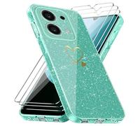 Funda Compatible con Xiaomi Redmi 15C 4G/ 5G / Poco C85 EU Versión(No para Global Versión), con 3 Piezas Vidrio Templado Protector de Pantalla, Anti-caída Antihuellas Carcasa, Purpurina Caso - Verde