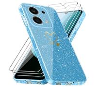 Funda Compatible con Xiaomi Redmi 15C 4G/ 5G / Poco C85 EU Versión(No para Global Versión), con 3 Piezas Vidrio Templado Protector de Pantalla, Anti-caída y Antihuellas Carcasa, Purpurina Caso - Azul