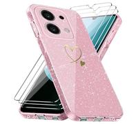 Funda Compatible con Xiaomi Redmi 15C 4G/ 5G / Poco C85 EU Versión(No para Global Versión), con 3 Piezas Vidrio Templado Protector de Pantalla, Anti-caída y Antihuellas Carcasa, Purpurina Caso - Rosa