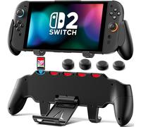Funda con Agarre para Nintendo Switch 2, Switch 2 Grip Asimétrio Ergonómico y Carcasa con Soporte Ajustable, Accesorio Cómodo con 5 Ranuras para Tarjetas & 4 Tapas para los Pulgares