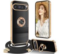 Funda con Cuerda Google XL para Google Piexl 9 Pro, Carcasa Ajustable con Correa Colgante Collar de Cuello y Anillo Soporte - Negro