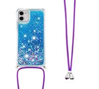 Funda con Cuerda para iPhone 13 Pro Max,Carcasa iPhone 13 Pro Max,Brillante Brillo Liquida Quicksand de Cuello Cadena Carcasa Transparente Silicona TPU Case con Collar Correa,GS Blue Love