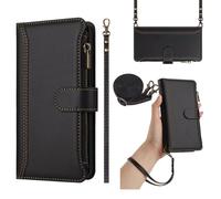 Funda con Cuerda para Nokia HMD Pulse Plus,Cartera Mujer con 9 Ranuras para Tarjetas, Soporte Plegable, Cierre Magnético y Correa de Muñeca Flip Cover Carcasa Antigolpes, Negro