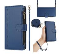 Funda con Cuerda para Vivo Y31 5G,Cartera Mujer con 9 Ranuras para Tarjetas, Soporte Plegable, Cierre Magnético y Correa de Muñeca Flip Cover Carcasa Antigolpes, Azul