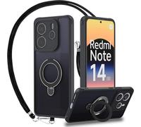 Funda con Cuerda para Xiaomi Redmi Note 14 5G, Carcasa Cordón con Soporte de Anillo Giratorio, Case Borde de TPU Silicona + Respaldo Translúcido Mate PC Rigida, Negro