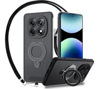 Funda con Cuerda para Xiaomi Redmi Note 14 Pro 5G, [Compatible con MagSafe] Carcasa Cordón con Soporte de Anillo Giratorio, Case Borde de TPU Silicona + Respaldo Translúcido Mate PC Rigida, Negro