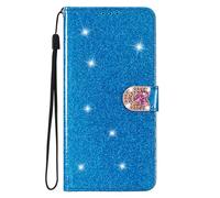 Funda con purpurina para Samsung Galaxy A13 4G, con purpurina azul brillante y flash, de piel sintética y purpurina 3D con diseño de Corazón con cabeza de botón de purpurina metalizada y brillantes