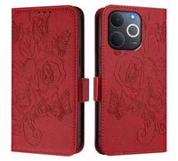 Funda con tapa para Realme Note 70 4G/Note 70T 4G/Narzo 80 Lite 4G/C71 4G India, piel sintética, cierre de cartera, rosas en relieve, a prueba de golpes, con soporte para tarjetas, color rojo