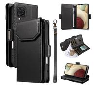 Funda con Tapa para teléfono For Samsung Galaxy A12 Wallet Case with Card Holder For Women and Men, Fashion PU Leather Cover Side Buckle Hand Strap Wallet Phone Case Cubierta Protectora(Svart)