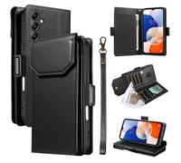 Funda con Tapa para teléfono For Samsung Galaxy A14 5G 4G Wallet Case with Card Holder For Women and Men, Fashion PU Leather Cover Side Buckle Hand Strap Wallet Phone Cases Cubierta Protectora(Svart)