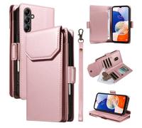 Funda con Tapa para teléfono For Samsung Galaxy A14 5G 4G Wallet Case with Card Holder For Women and Men, Fashion PU Leather Cover Side Buckle Hand Strap Wallet Phone Cases Cubierta Protectora(Pink)
