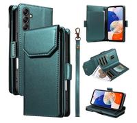 Funda con Tapa para teléfono For Samsung Galaxy A14 5G 4G Wallet Case with Card Holder For Women and Men, Fashion PU Leather Cover Side Buckle Hand Strap Wallet Phone Cases Cubierta Protectora(Ye?il)