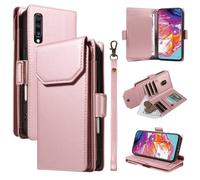 Funda con Tapa para teléfono For Samsung Galaxy A70/A70S Wallet Case with Card Holder For Women and Men, Fashion PU Leather Cover Side Buckle Hand Strap Wallet Phone Case Cubierta Protectora(Pink)