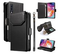Funda con Tapa para teléfono For Samsung Galaxy A70/A70S Wallet Case with Card Holder For Women and Men, Fashion PU Leather Cover Side Buckle Hand Strap Wallet Phone Case Cubierta Protectora(Svart)
