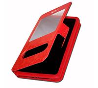 Funda con tapa para Wiko Y61 Extra Slim X 2 ventanas de piel sintética de calidad con cierre magnético y pespuntes compatibles con Wiko Y61, color rojo