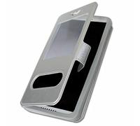 Funda con tapa para Wiko Y61 Extra Slim X 2 ventanas de piel sintética de calidad con cierre magnético y pespuntes similares, compatible con Wiko Y61, color plateado