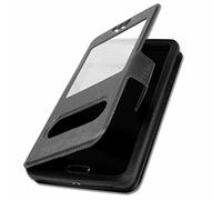 Funda con tapa para Wiko Y61 Extra Slim X 2 ventanas de piel sintética de calidad con cierre magnético y pespuntes similares compatible con Wiko Y61, color negro