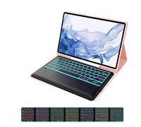 Funda con teclado para Galaxy Tab S8 Plus 2022 / S7 FE 2021 / S7 Plus 2020 Tablet de 12,4 pulgadas, contiene Ñ, teclado inalámbrico desmontable retroiluminado de 7 colores con soporte para S-Pen,Rosado