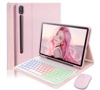 Funda con teclado para Samsung Galaxy Tab S10 FE / S9 FE / S9 / S8 de 11.9 a 11 pulgadas - Teclado magnético desmontable retroiluminado de 7 colores con soporte para bolígrafo S con mouse - Rosa