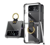 Funda COQUE Galaxy Z Flip 3,Estuche teléfono Todo Incluido Shell Soporte de Video de Anillo,Funda Plegable teléfono Samsung Galaxy Z Flip 3 5G lápiz óptico y Ranura bolígrafo-Transparente-Negro