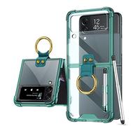 Funda COQUE Galaxy Z Flip 3,Estuche teléfono Todo Incluido Shell Soporte de Video de Anillo,Funda Plegable teléfono Samsung Galaxy Z Flip 3 5G lápiz óptico y Ranura bolígrafo-Transparente-Verde