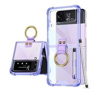 Funda COQUE Galaxy Z Flip 3,Estuche teléfono Todo Incluido Shell Soporte de Video de Anillo,Funda Plegable teléfono Samsung Galaxy Z Flip 3 5G lápiz óptico y Ranura bolígrafo-Transparente-Púrpura