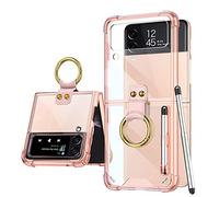 Funda COQUE Galaxy Z Flip 3,Estuche teléfono Todo Incluido Shell Soporte de Video de Anillo,Funda Plegable teléfono Samsung Galaxy Z Flip 3 5G lápiz óptico y Ranura bolígrafo-Transparente-Rosa