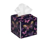 Funda cuadrada de cuero para caja de pañuelos, diseño de mariposas moradas, soporte para pañuelos de ala dorada, dispensador de papel facial para mesa, baño, mesa de coche