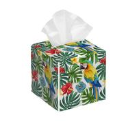 Funda cuadrada de cuero para caja de pañuelos, pájaro tropical, loro, selva, plantas botánicas, hibisco, palma, soporte organizador de papel facial, dispensador para mesa, baño, mesa de coche