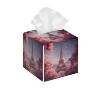 Funda cuadrada de cuero para caja de pañuelos, Torre Eiffel de París, flores rosadas, soporte romántico para pañuelos faciales, organizador de papel para mesa, baño, mesa de coche