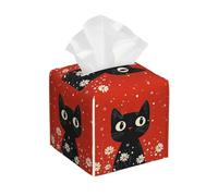 Funda cuadrada para caja de pañuelos, soporte para caja de pañuelos de cuero, gato negro, fondo rojo, margaritas, funda de papel facial para mesa, baño, coche, oficina, 5.2 x 5.2 x 5.2 pulgadas