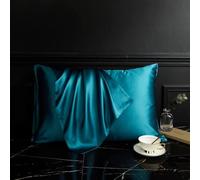 Funda de almohada 100 % de seda de morera para cabello y piel, con cremallera oculta, parte inferior de algodón, tamaño estándar, 19 momme Charmeuse (azul pavo real, estándar)