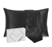 Funda de Almohada 100% Natural de Seda de Morera 25 Momme Grado 6A orgánica Pieles sensibles - Afro - Pelo Rizado - Anticaida Cabello - Regalo (Negro, 50x75cm)
