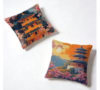 Funda de Almohada 60 x 60 Juego de 2 Color, Funda Cojín 60x60 cm, Cojines Cama Arquitectura China Decoracion Cushion Covers Lino Impresión HD a Doble Cara para Verano Jardin Decoracion Hogar Q-CH1403