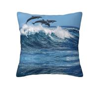 Funda de almohada con cremallera oculta, diseño de delfines de olas del océano, funda de cojín de poliéster, funda de almohada decorativa con impresión de doble cara